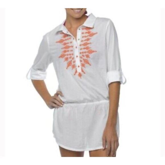 Prana Leta Tunic Top Blouse Cover Up Long Sleeve - White Embroidered Orange - XS - Picture 1 of 7